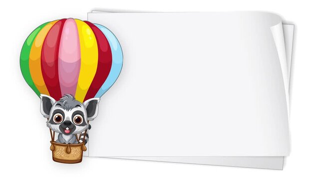 Animated Lemur in Colorful Hot Air Balloon with Blank White Copy Space