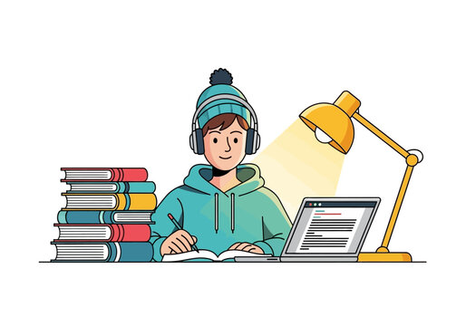Young student studying with books and laptop under desk lamp.