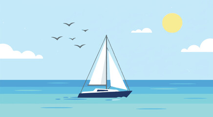 Naklejka premium Sailing boat on calm ocean waters under sunny sky with birds