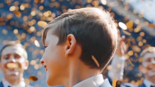 laughing white boy in graduation gown, confetti showering stadium, mortarboard toss, friends and family cheering, triumphant smile, bright sunlight, closeup portrait capturing joy