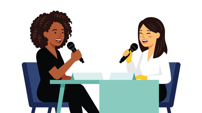 Dynamic female presenters hosting a public dialogue in professional flat vector for conference marketing