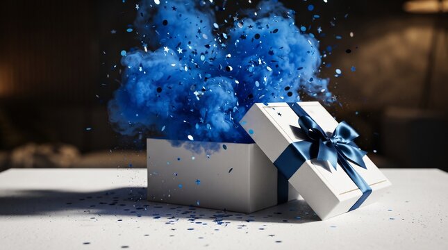 Blue smoke explosion from white gift box, perfect for boy gender reveal cards, surprise party invitations, and dynamic celebration banners.
