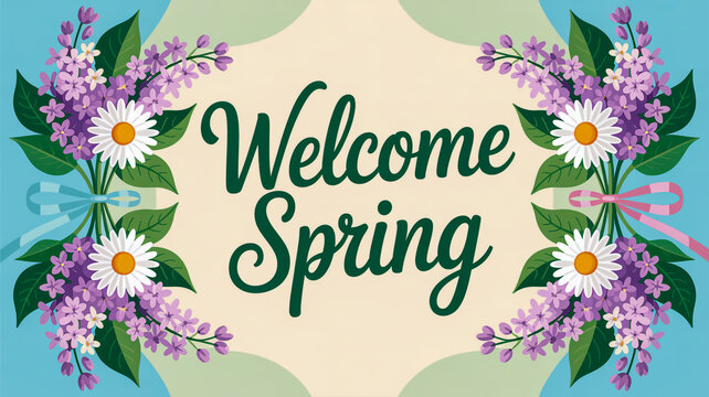Welcome spring decorative floral banner with daisies and leaves