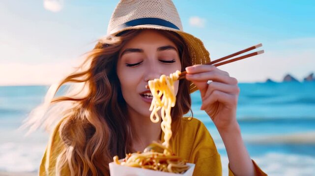 Smiling lady has warm noodles on sunny coast. Beachside woman happily eats steaming noodles under sunny sky. Relaxed traveler smiles while eating hot noodles by ocean under clear skies