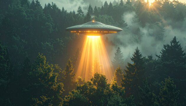 A mysterious UFO descends from the sky, illuminating a foggy forest with a powerful beam of light.