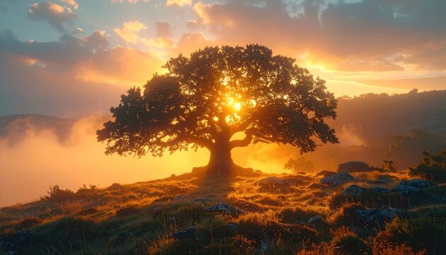 A majestic oak tree stands silhouetted against a vibrant sunset on a misty hilltop.