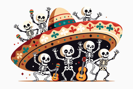 Group of happy Mexican skeletons wearing a giant colorful sombrero dancing and playing instruments together.