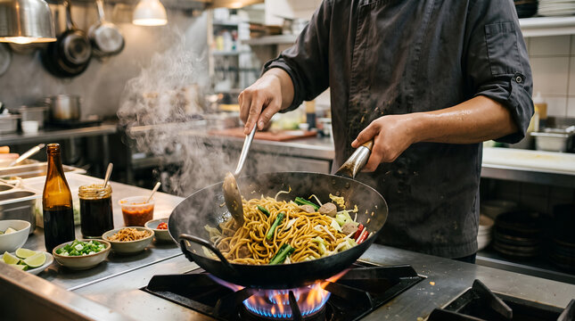 Authentic preparation of Indonesian mie goreng using a traditional wok, perfect for restaurant branding, culinary education, hospitality, and tourism campaigns.