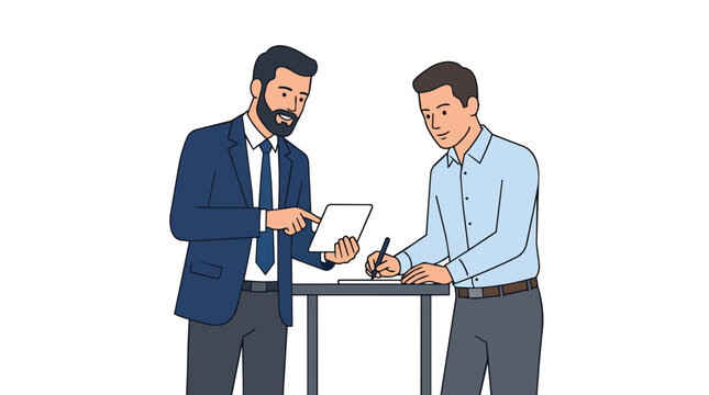 Legal contract finalization with executive advisor using tablet in minimalist flat vector for law firm marketing