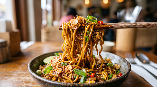 Detailed macro image of authentic Indonesian fried noodles highlighting rich texture for menus, food packaging, restaurant branding, and culinary publications.