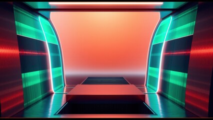 Fototapeta premium Futuristic corridor. Red, teal lighting creates dramatic effect. Empty stage, sleek design, modern architecture. Minimalist aesthetic.