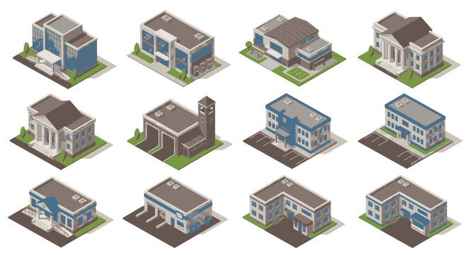 Isometric view of modern residential apartment buildings with green landscaping elements.