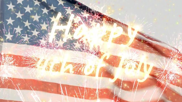 Waving american flag with happy 4th of july text and festive sparklers on white background