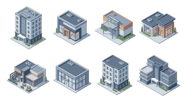 Collection of modern urban buildings and architectural structures in isometric view.