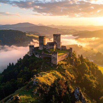 A majestic castle stands atop a grassy hill, bathed in the warm glow of sunrise, with a sea of clouds stretching across the valley below.