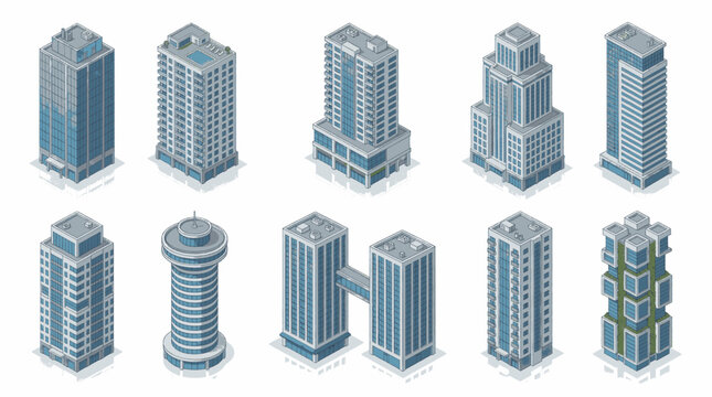 Collection of modern skyscraper buildings in isometric architectural design style.