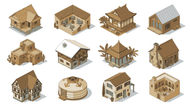 Assorted handcrafted chocolate houses and cottages with intricate details and textures.