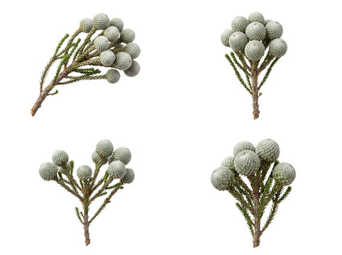 Beautiful assortment of four brunia silverdust flower clusters with soft green foliage, showcasing subtle hues.