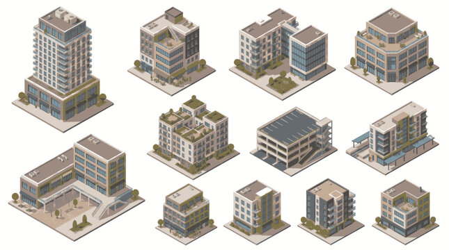 Isometric view of modern urban buildings and architectural city structures.
