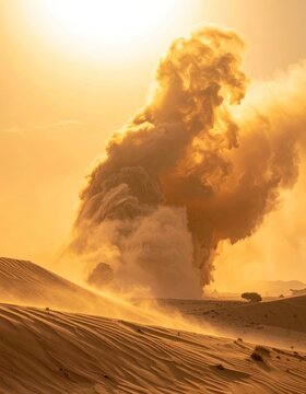 A dramatic plume of smoke and ash erupts from a desert landscape bathed in golden sunlight.