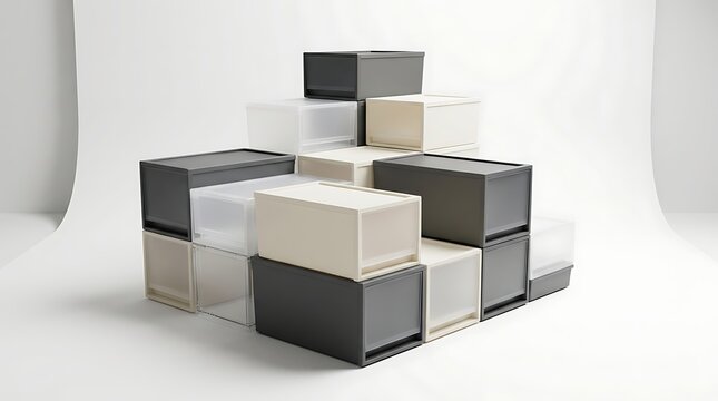 Stack of empty plastic storage drawer boxes in various neutral colors for home organization and decor. stackable bin setup