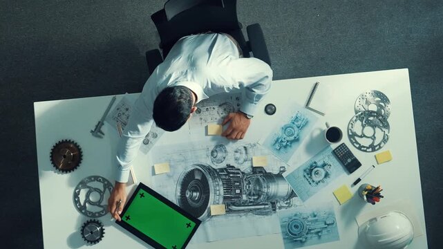 Top down view of skilled engineer writing and planning turbine engine design while sitting at meeting table with gear and electronic generator scatter around. Technician taking a note. Alimentation.