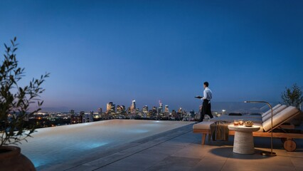 Fototapeta premium Rooftop infinity pool with city skyline view at dusk and waiter serving