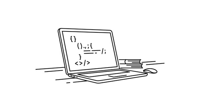 Laptop with code on screen, mouse and books, line art illustration