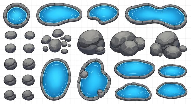 Set of cartoon blue ponds and grey rocks isolated on white background