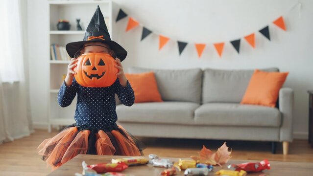 A young girl in a witch costume holding a jack o lantern on a halloween decorated living room