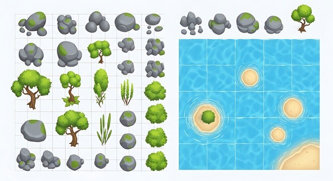 Top view game assets with trees stones and water map for adventure