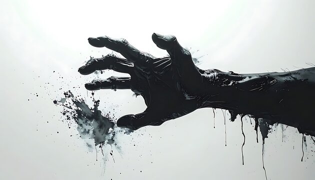 Fragmenting black liquid hand reaching forward, dissolving into droplets against a stark white background, abstract concept of disintegration or formation