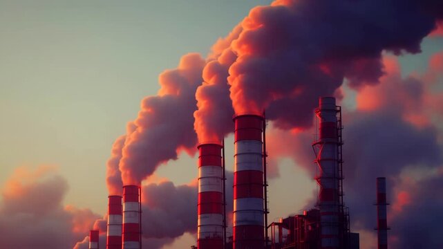 towering chimneys belching reddish smoke, redstriped stacks dominate skyline, thick plume casts dramatic twilight colors, emissions inspector monitors readings, urgent pollution narrative