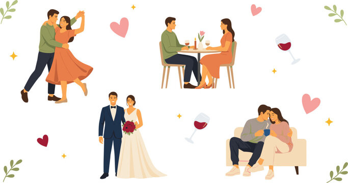 Romantic Heterosexual Couple Relationship Vector Character Set Featuring Activities Like Ballroom Dancing Candlelight Dinner Wedding Day and Relaxing on Sofa