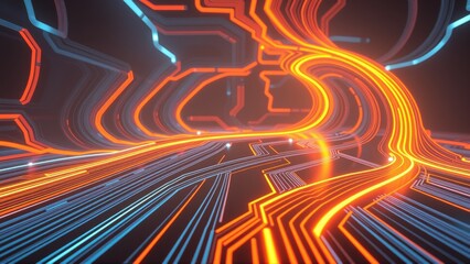 Fototapeta premium Abstract digital tunnel. Bright orange, blue lines create futuristic pathways. Dark background emphasizes glowing energy flow. Complex network design.