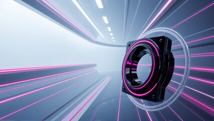 Fototapeta premium Futuristic tunnel, glowing pink lines converge toward central metallic bearing. Dramatic lighting creates speed impression. Minimalist design.
