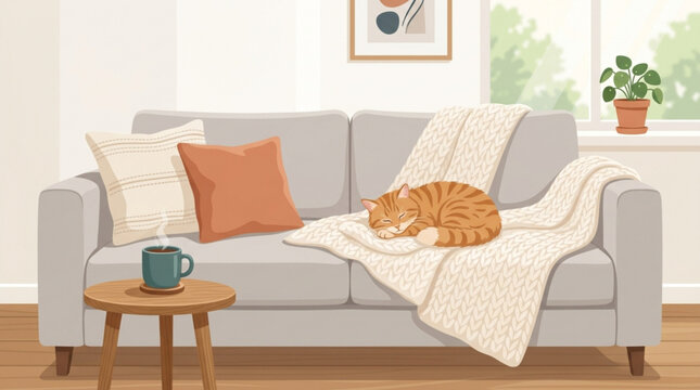 Cozy living room interior with sleeping cat on sofa hot coffee cup on table with depicts peaceful domestic domestic scene with sofa steaming mug