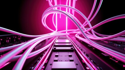 Fototapeta premium Futuristic tunnel, glowing pink lines, dark background. Complex circuitry, digital aesthetic, vibrant energy flows within structure.