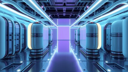 Fototapeta premium Futuristic corridor. Bright neon lights illuminate metallic walls, cylinders, sleek design. Dark background emphasizes glowing interior.