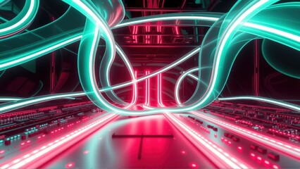 Fototapeta premium Futuristic tunnel glows with vibrant neon lights. Complex circuitry lines walls, creating immersive digital space. Dark background emphasizes luminosity.