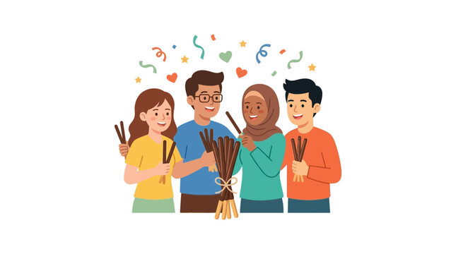 Diverse Group Celebrating with Pocky Sticks and Confetti