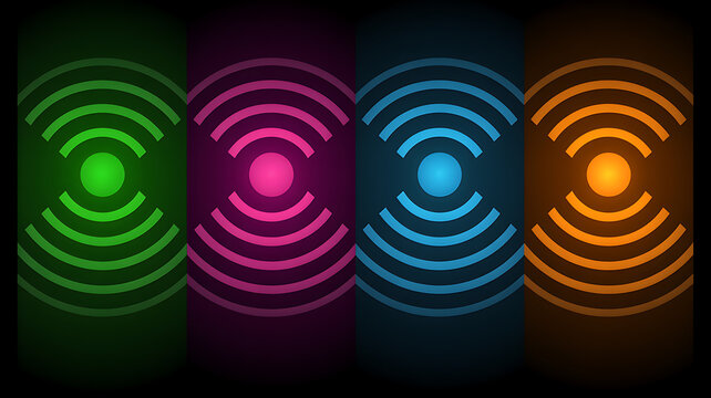 Four glowing wifi symbols in green pink blue and orange on black wireless signal network connection desi