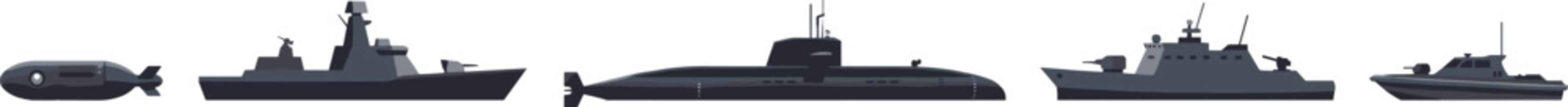 Modern Navy Warship and Submarine Fleet Vector Set Featuring Guided Missile Destroyer, Corvette Frigate, Attack Submarine, and Patrol Torpedo Boat Side Views © Abul