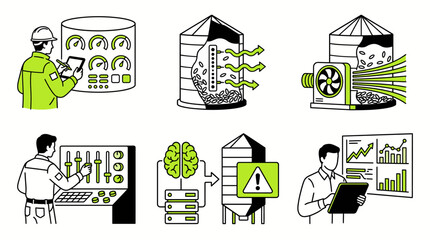 Grain Silos And Agricultural Monitoring A Vector Illustration In Black And Green storage silo facility © Ashok