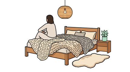 Illustration of a woman sitting on a bed in a cozy bedroom
