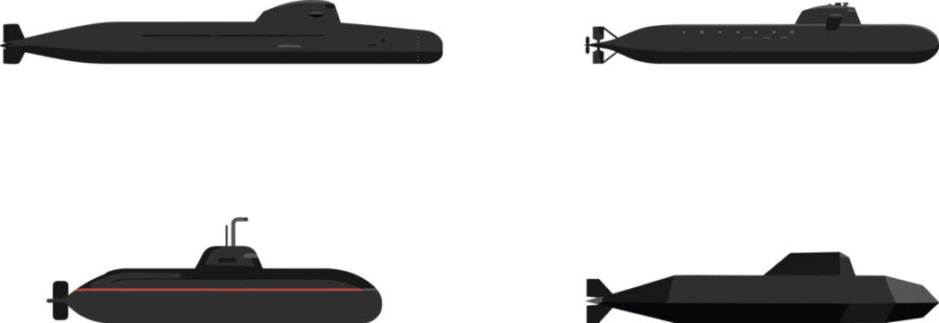 Military Submarine Side View Vector Set Featuring Nuclear Attack Submarines, Stealth Vessels, Ballistic Missile Subs, and Naval Fleet Elements