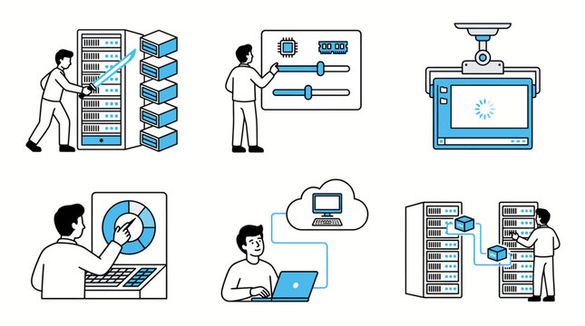 Data center infrastructure illustration with server racks networking and data analysis concepts rack computer network