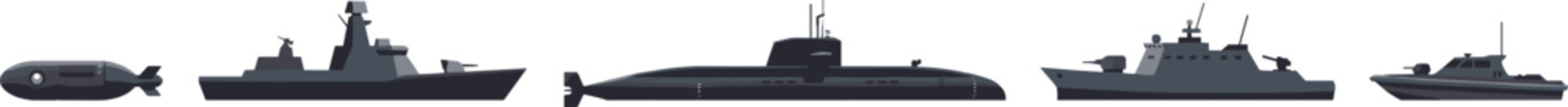 Modern Navy Warship and Submarine Fleet Vector Set Featuring Guided Missile Destroyer, Corvette Frigate, Attack Submarine, and Patrol Torpedo Boat Side Views