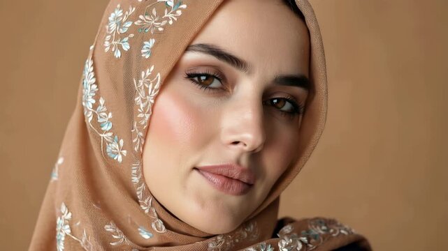 Portrait woman headscarf floral embroidery calm face beige scarf closeup serene beauty