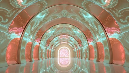 Fototapeta premium Abstract corridor features repeating arches, soft lighting, pink and teal hues. Reflective floor creates infinite perspective. Futuristic design.